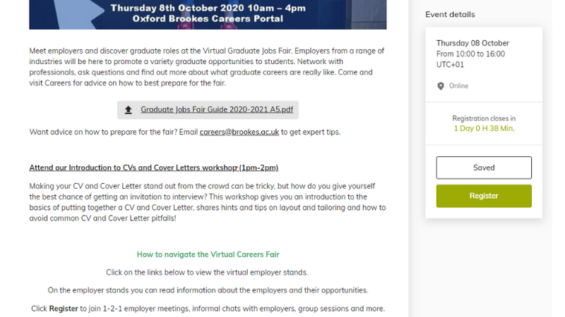 Screenshot from the Careers Portal event page showing the Fair Guide